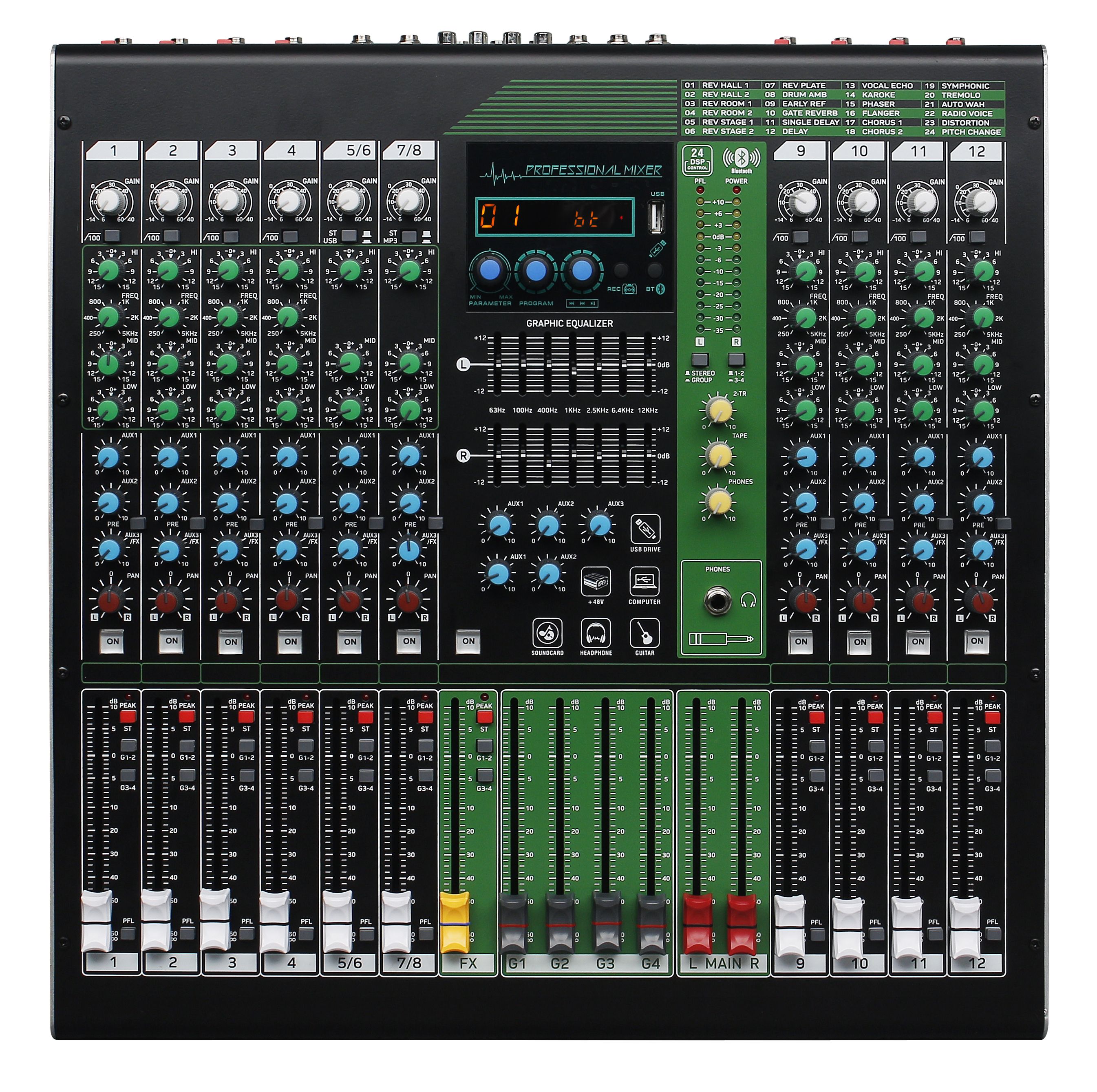 12CH وحدة تحكم احترافية خلاط 48 فولت Fantasy Power Dj Performance Mixer Console